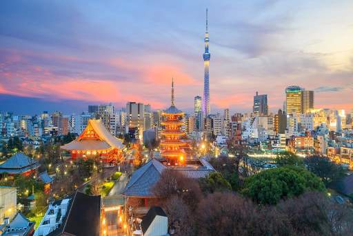 View of Tokyo skyline at sunset